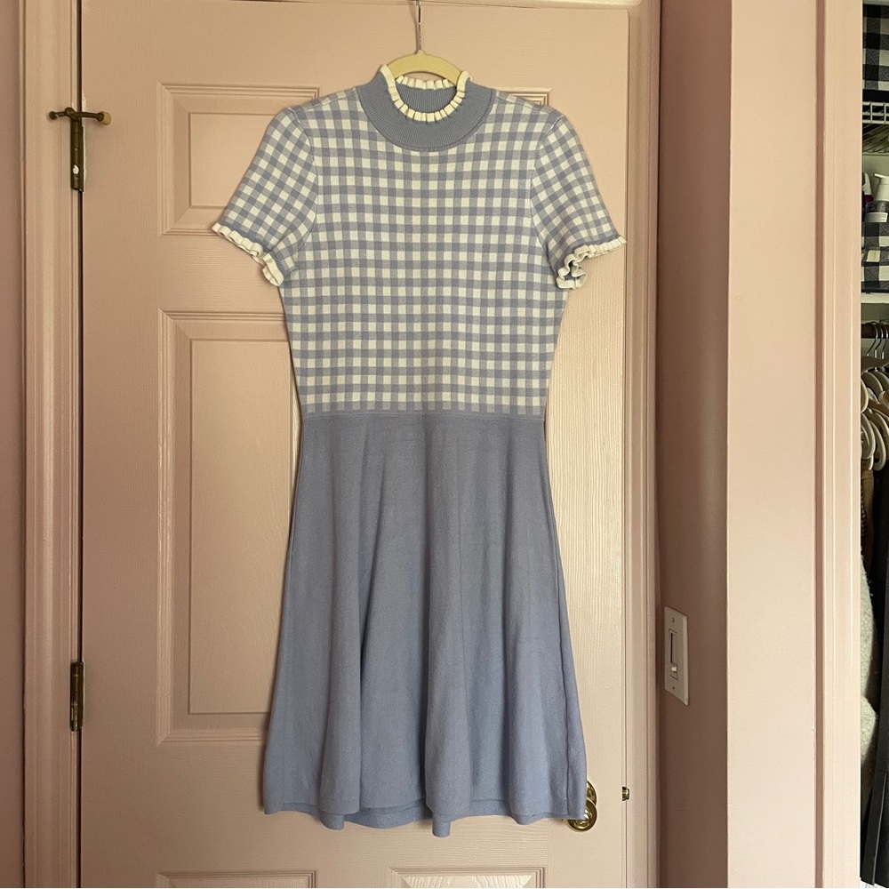 1901 Nordstrom mock neck Blue Gingham Knit Fit-and-Flare Dress size M